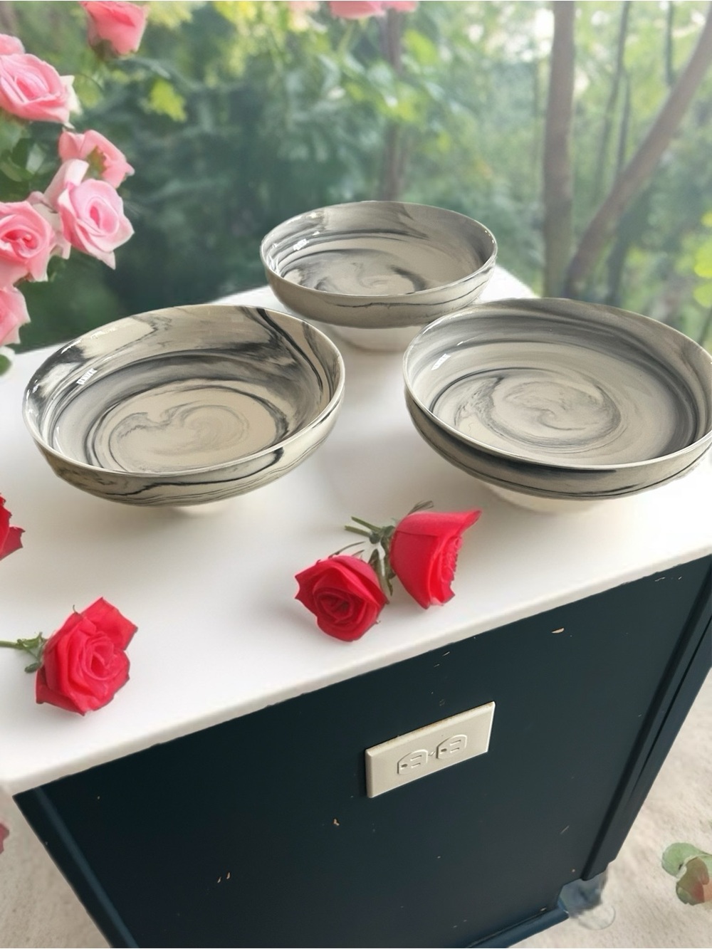 Handcrafted Marble Effect Ceramic Serving Bowls - Gray & Cream